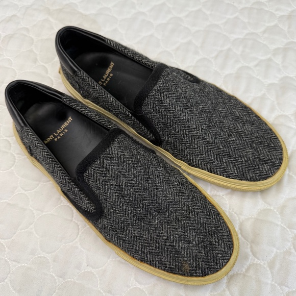 Yves Saint Laurent Loafers Grey Wool Herringbone Black Leather Size 37 - Picture 1 of 9